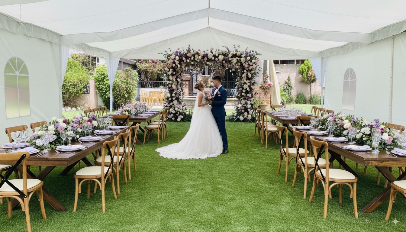 mesas rústicas con sillas crossback para eventos en Cuautitlán Izcalli